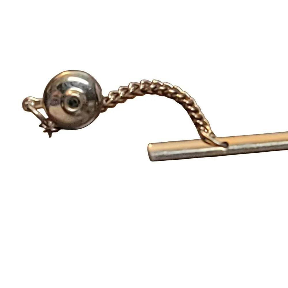Vintage Swank Gold-Tone Button Style Tie Tack With Chain & Bar